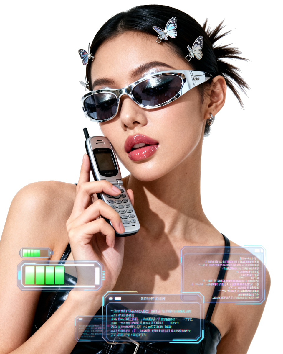 Fashion-forward creator holding a flip phone